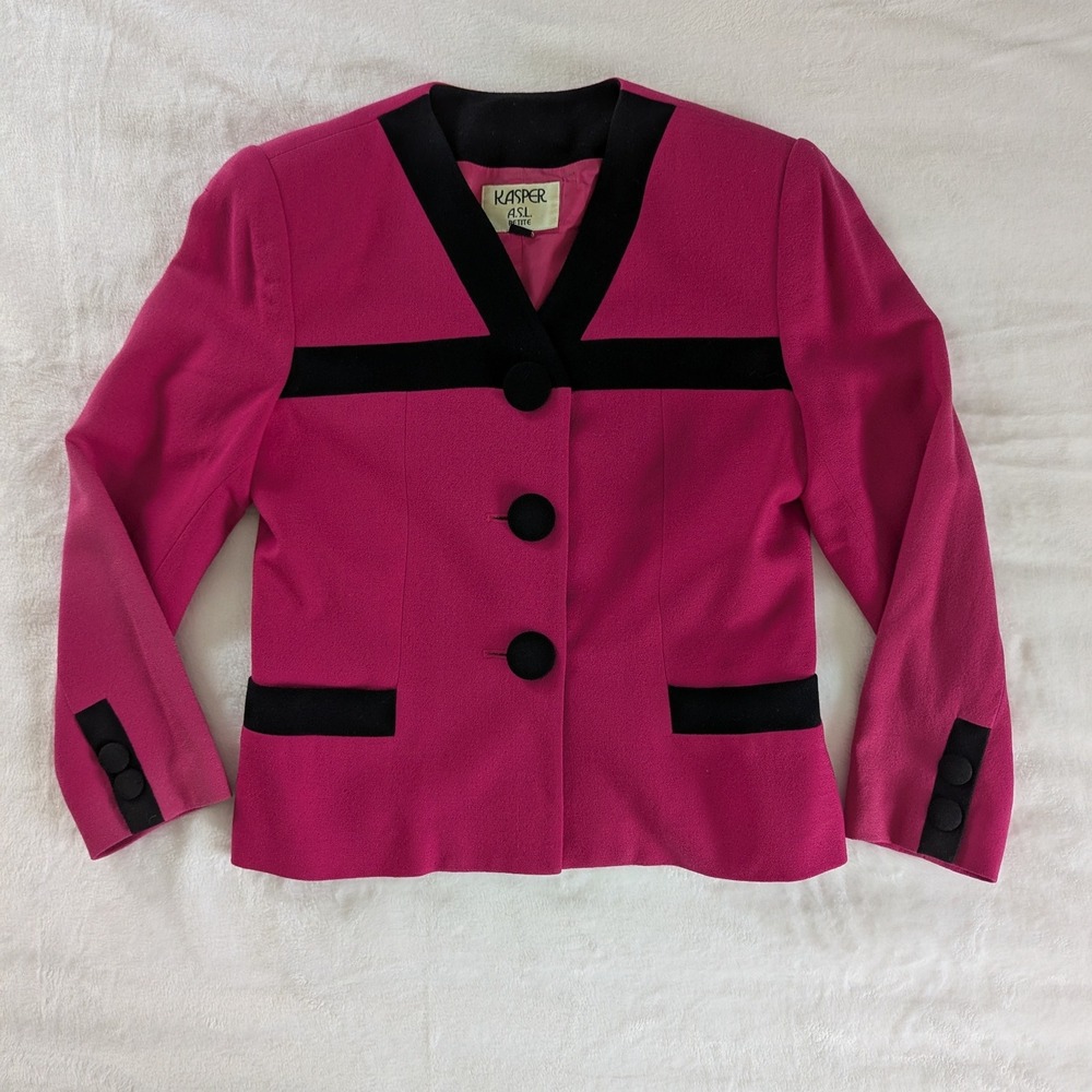 VTG Kasper ASL Petite Wool Blazer Jacket Pink Black Trim Button‎ Front Women's 8